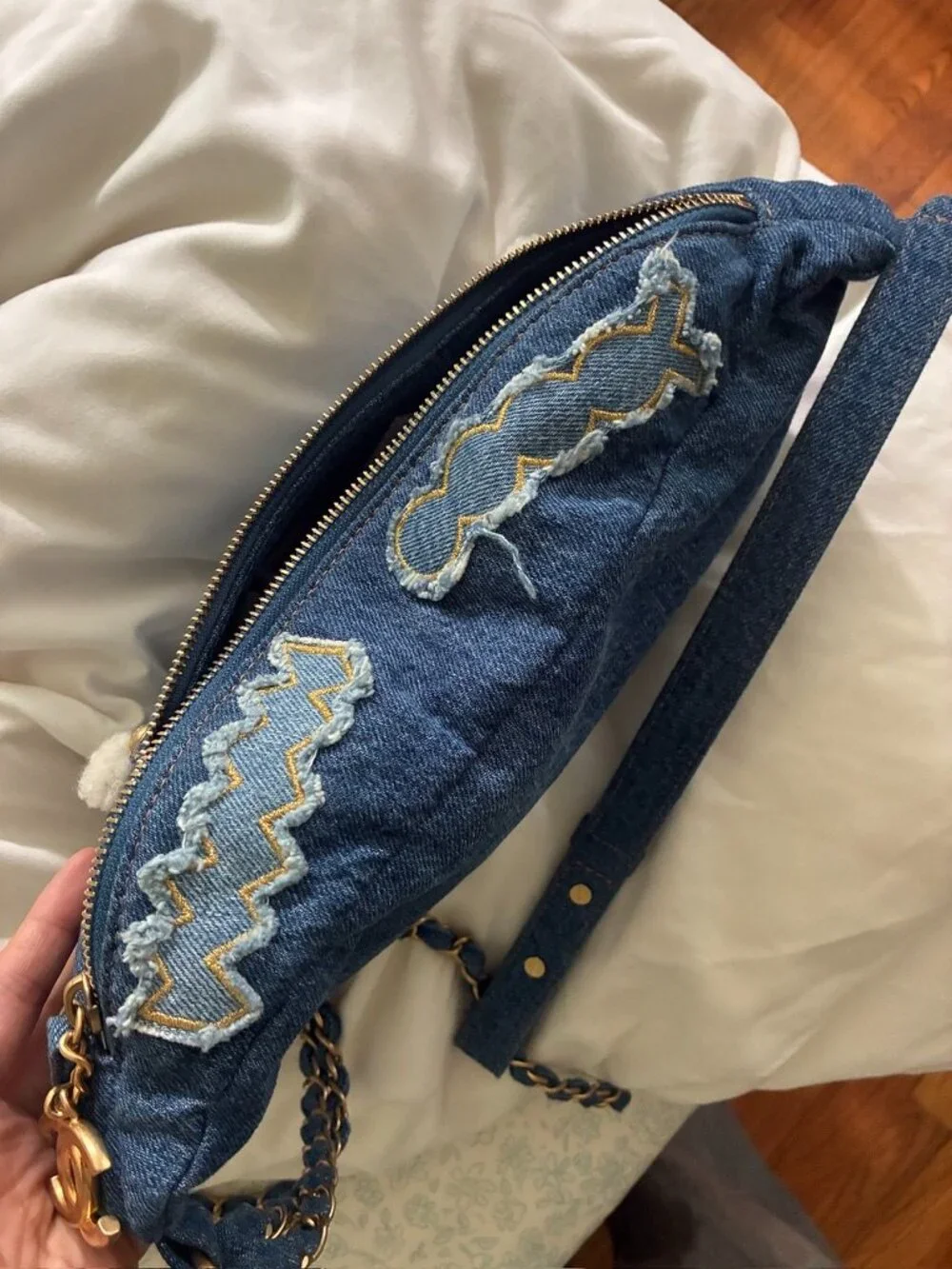 Chanel Denim Shearling Fur Waist Crossbody Bag White Blue Limited Edition